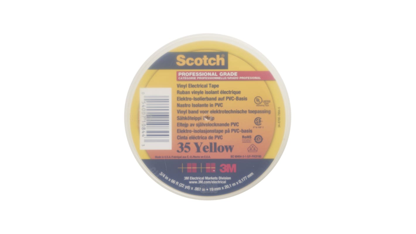 3M PVC电工胶带, 黄色, 19mm宽 x 20m长 x 0.18mm厚, 最高+105°C, Scotch 35, Scotch™ 35