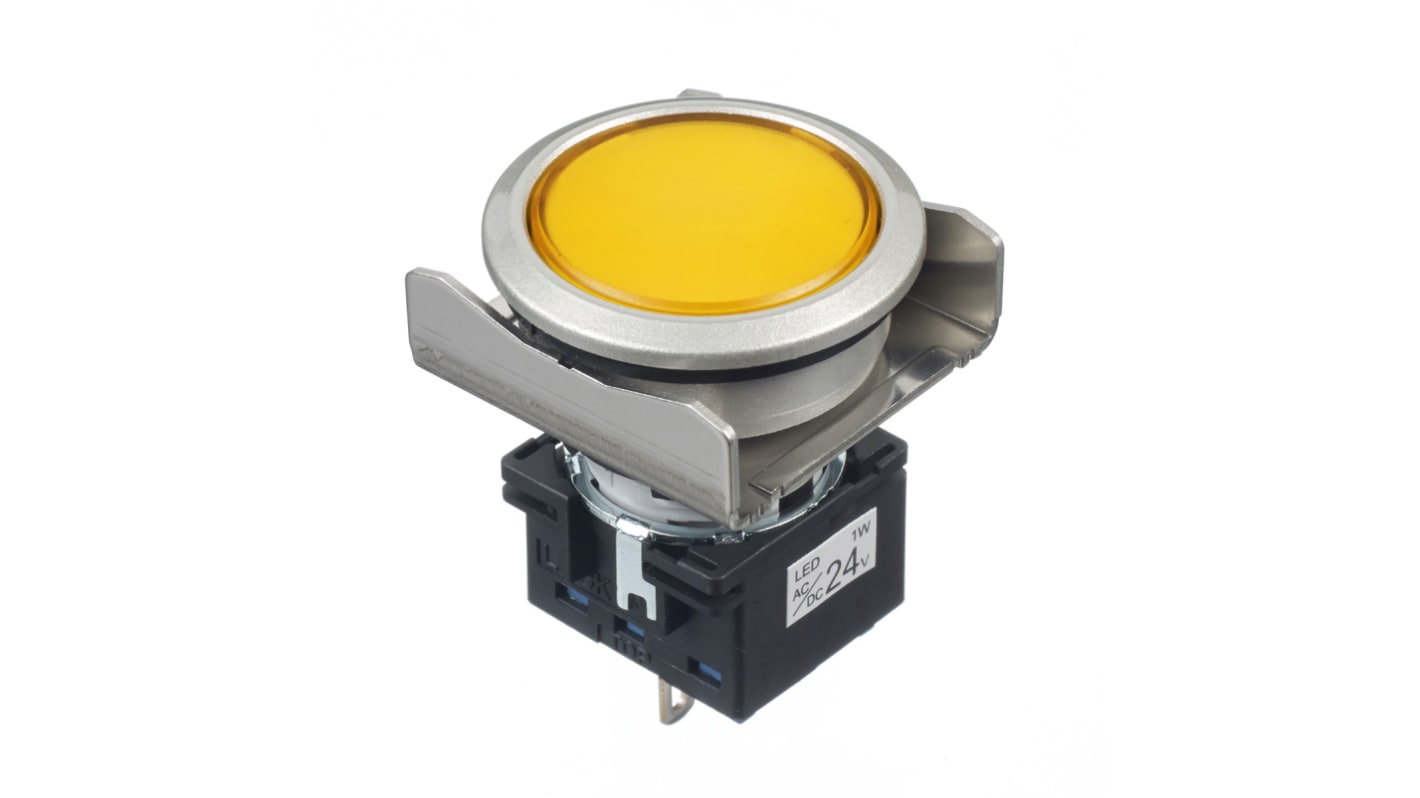 Idec, Flush Mount Yellow Pilot Light, 26mm Cutout, IP65, Round, 24V ac/dc