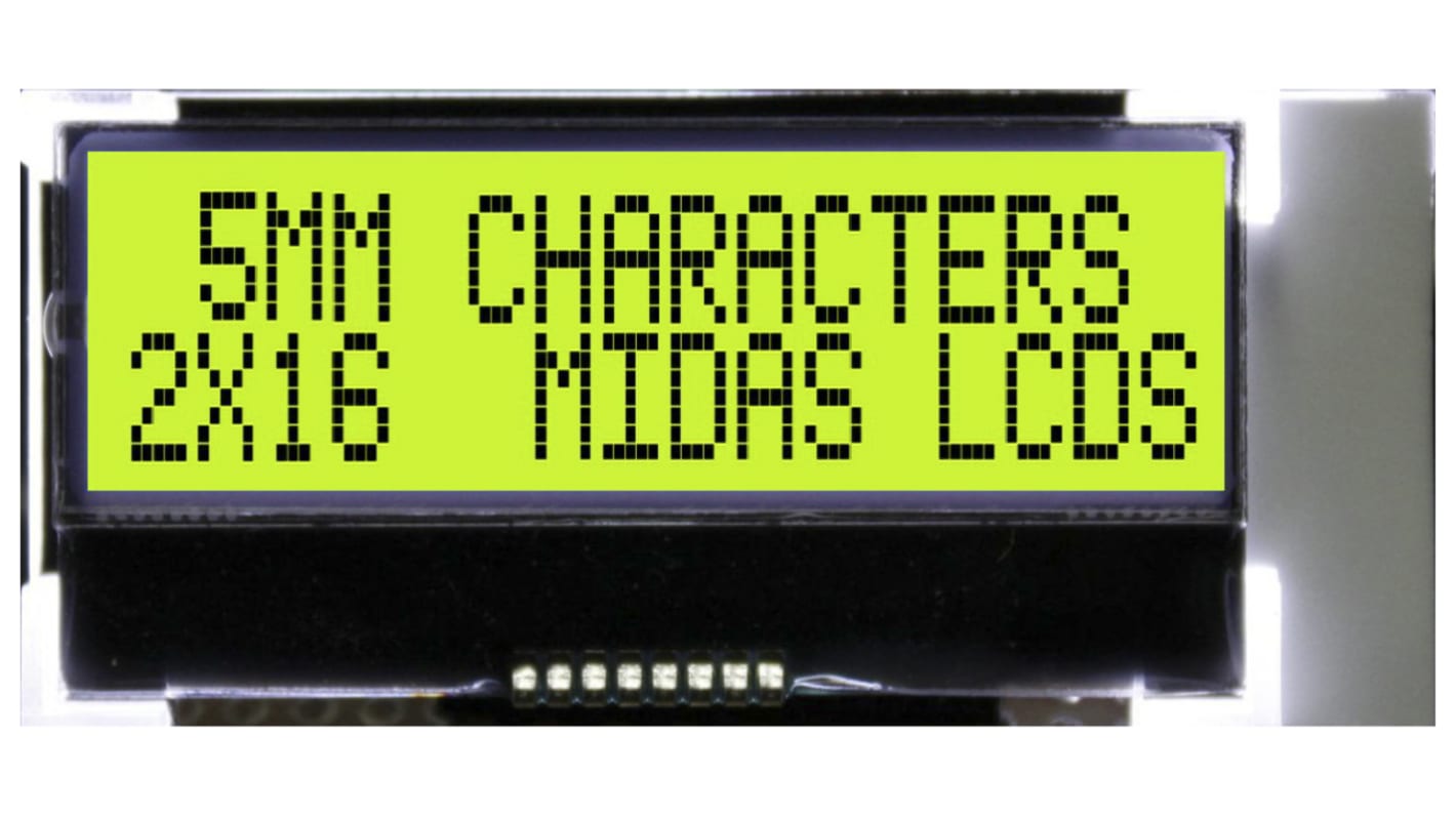 Midas MCCOG21605B6W-SPTLYI Alphanumeric LCD Display Yellow-Green, 2 Rows by 16 Characters, Transflective