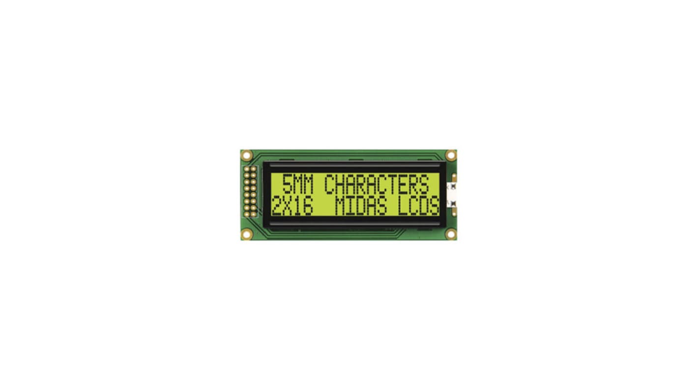 Midas MC21605F6WE-SPTLY F Alphanumeric LCD Display Yellow-Green, 2 Rows by 16 Characters, Transflective