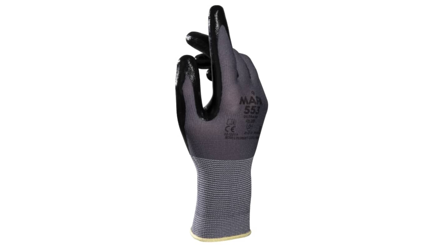 Mapa ULTRANE 553 Grey Nitrile Chemical Resistant Work Gloves, Size 8, Nitrile Coating