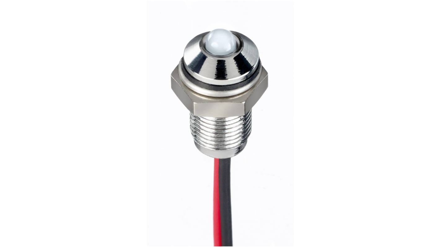 RS PRO White Panel Mount Indicator, 1.8 → 3.3V dc, 6mm Mounting Hole Size, Lead Wires Termination, IP67
