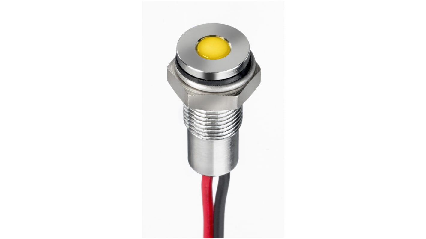 Indicador LED RS PRO, Amarillo, lente enrasada, marco Cromo, Ø montaje 6mm, 10.8 → 13.2V dc, 20mA, 140mcd, IP67