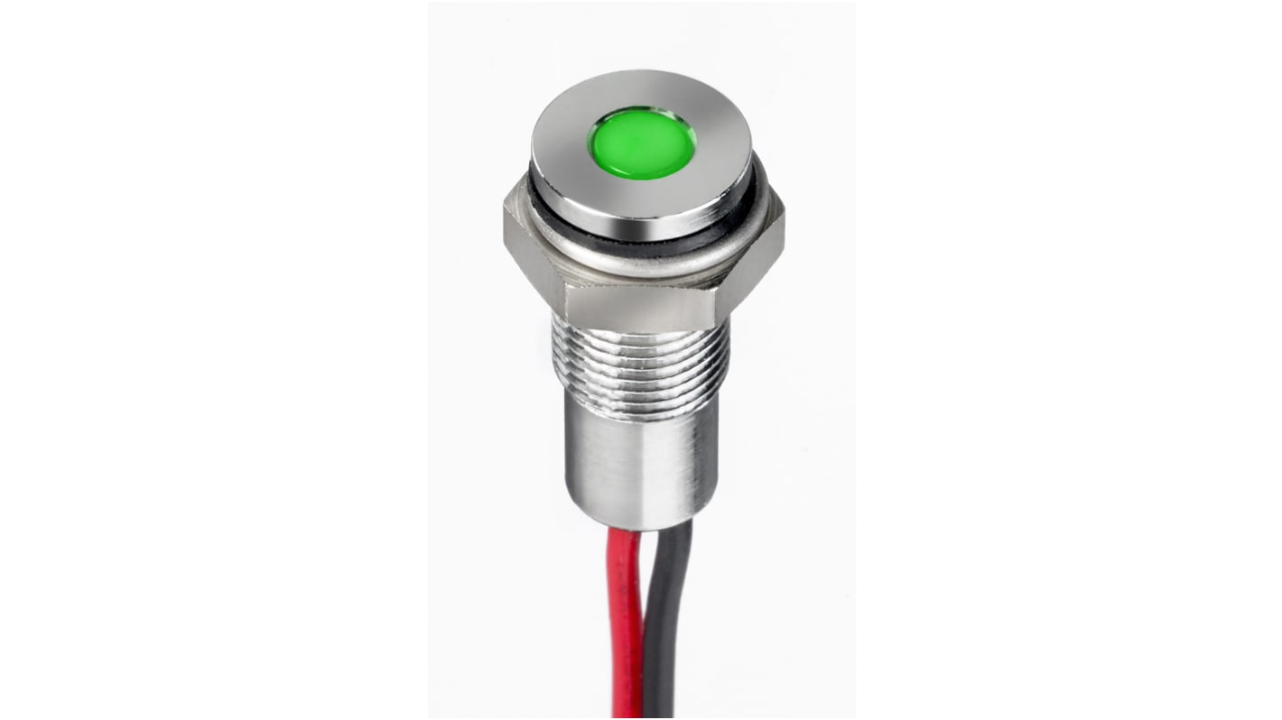 RS PRO LED Schalttafel-Anzeigelampe Grün 21.6 → 26.4V dc, Montage-Ø 6mm, Leiter