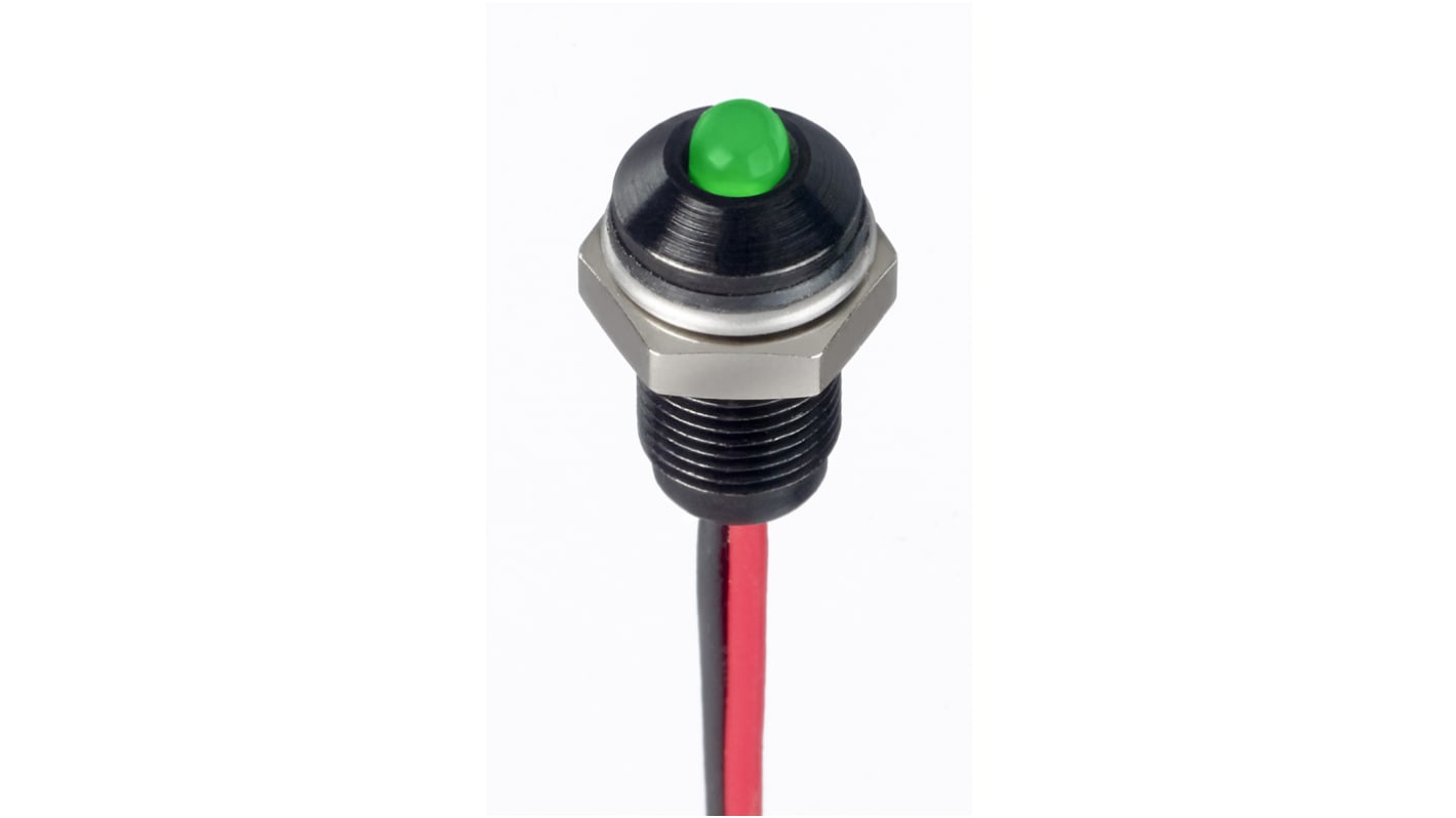 RS PRO Green Panel Mount Indicator, 1.8 → 3.3V dc, 6mm Mounting Hole Size, Lead Wires Termination, IP67