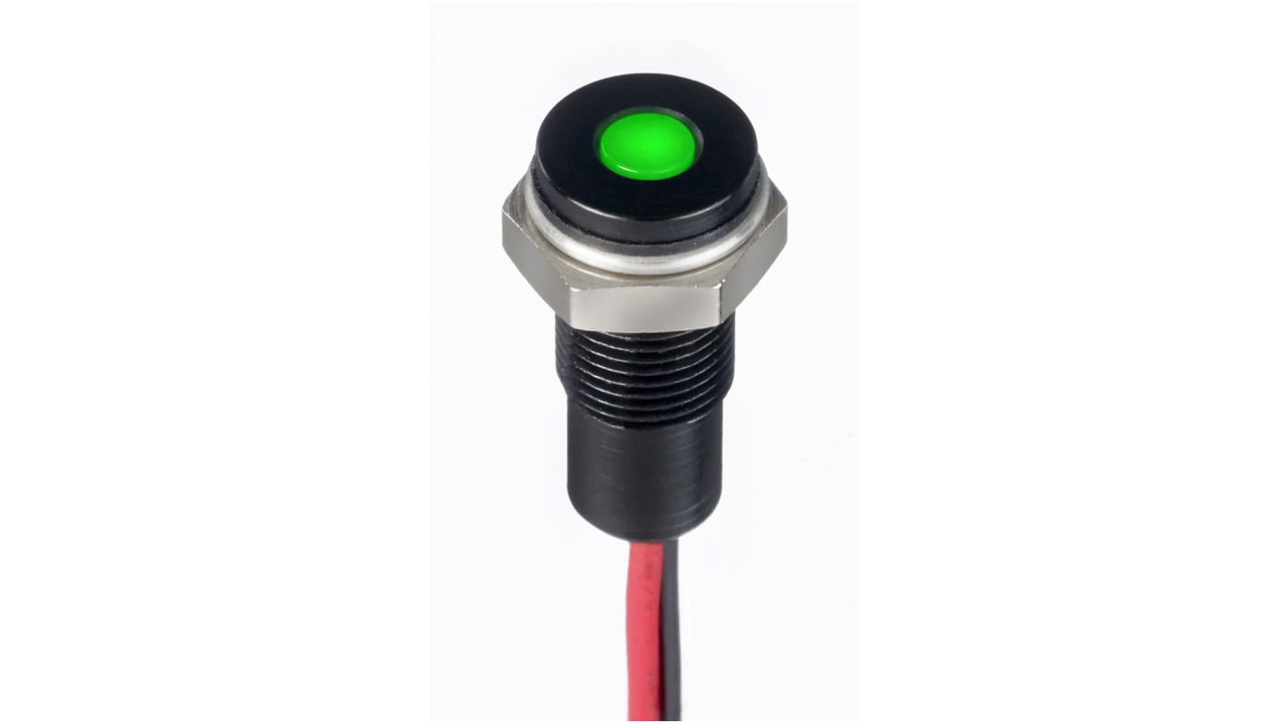 RS PRO Green Panel Mount Indicator, 10.8 → 13.2V dc, 6mm Mounting Hole Size, Lead Wires Termination, IP67