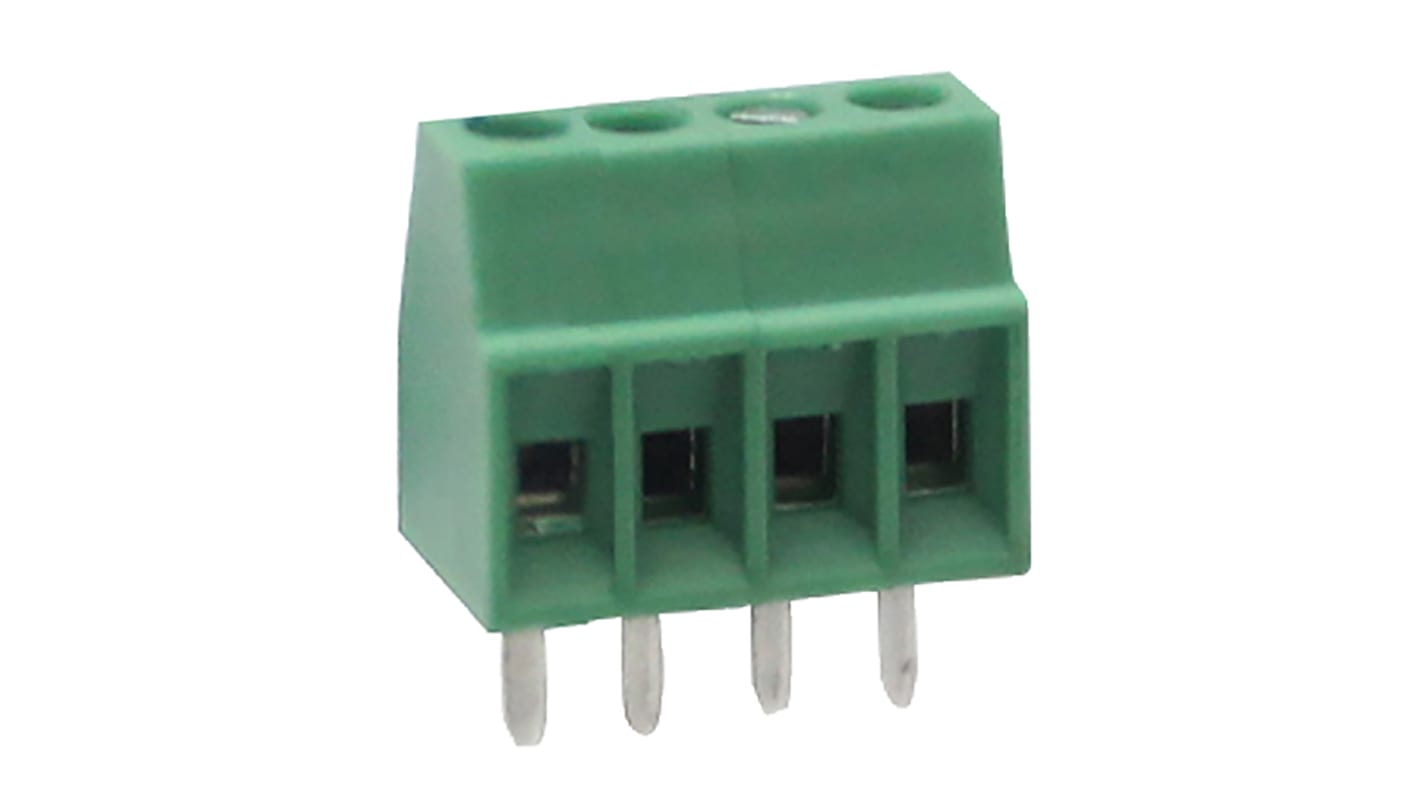 RS PRO PCB端子排, 4p, 2.54mm间距, 130 V ， 150 V, THT安装, 螺钉端接, 绿色