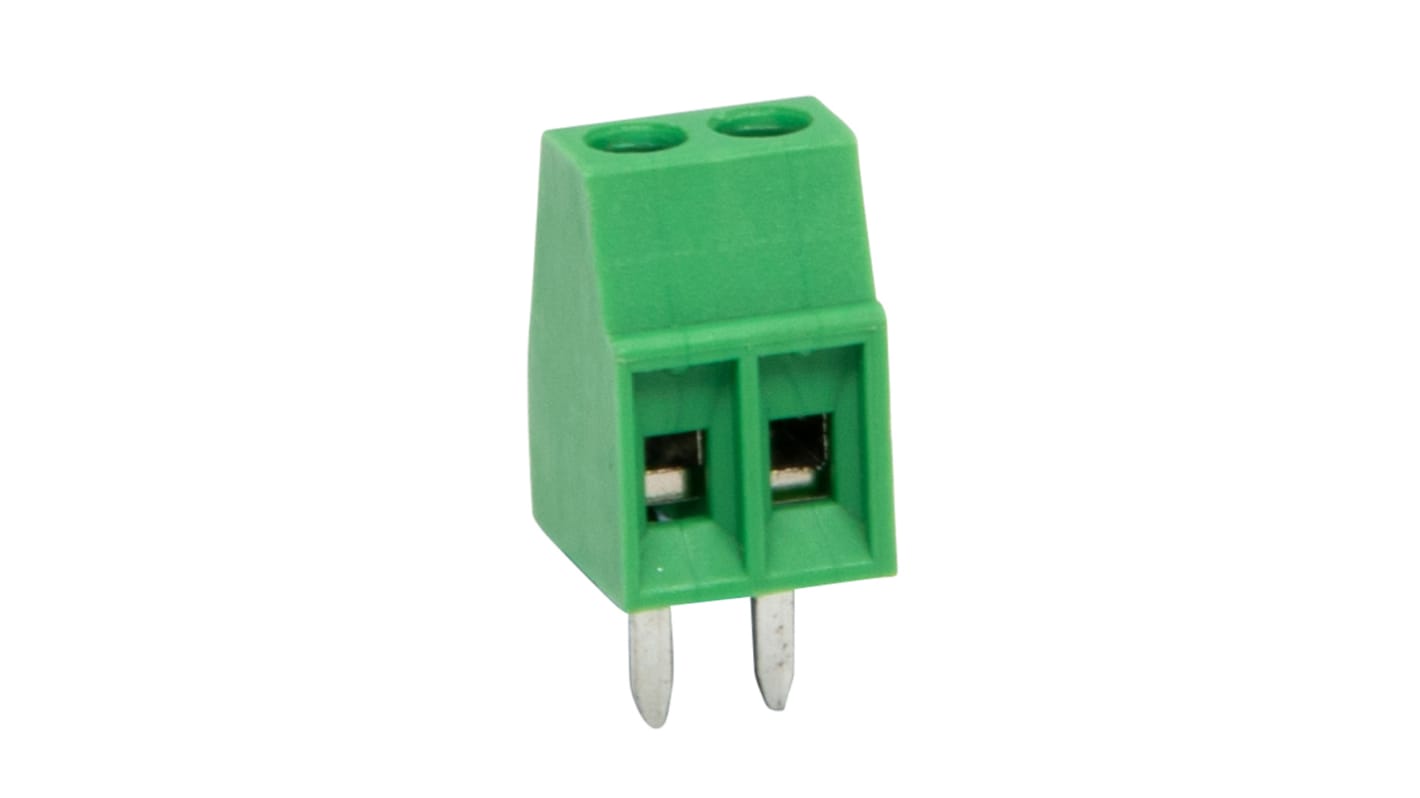 RS PRO PCB端子排, 2p, 2.54mm间距, 130 V ， 150 V, THT安装, 螺钉端接, 绿色