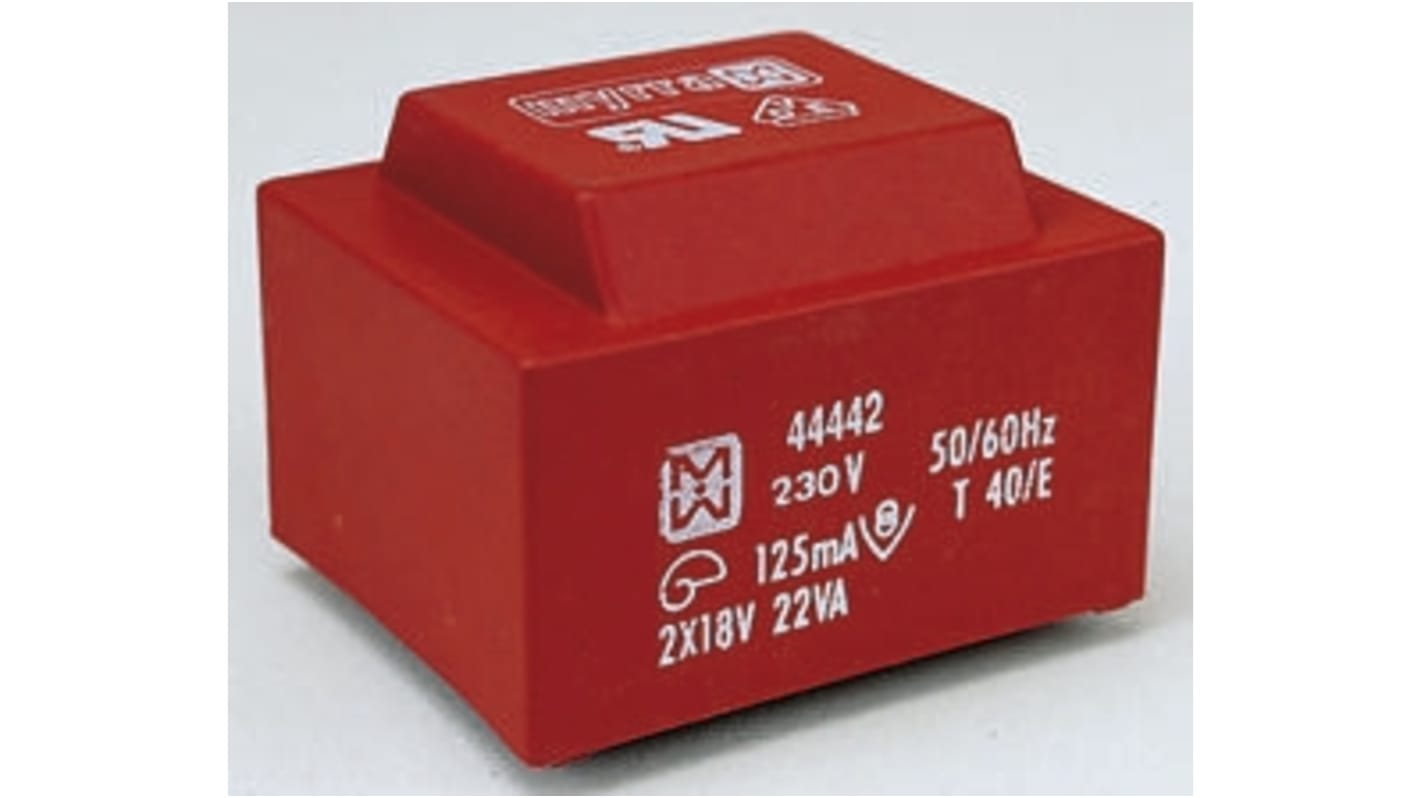 Trasformatore per PCB Myrra, 22VA, primario 230V ca, secondario 15V ca, 2 uscite