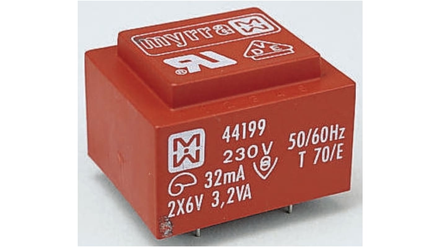 Trasformatore per PCB Myrra, 3.2VA, primario 230V ca, secondario 2 x 24V ca, 2 uscite