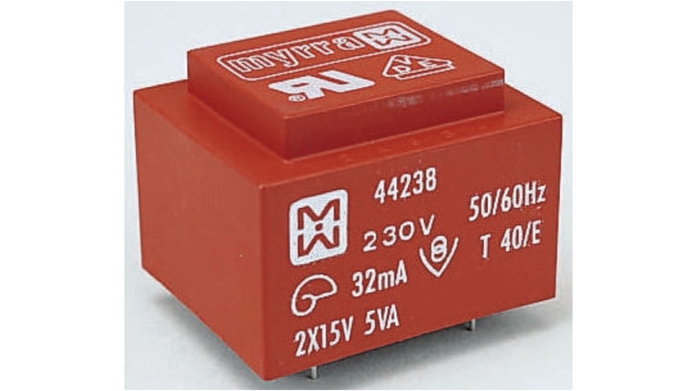 Trasformatore per PCB Myrra, 5VA, primario 230V ca, secondario 24V ca, 2 uscite