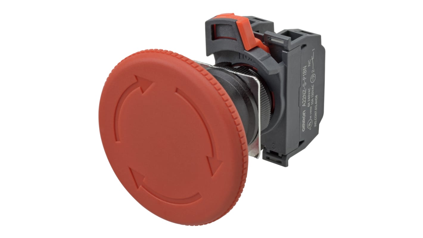 Omron A22NE-P Series Twist Release Illuminated Emergency Stop Push Button, Panel Mount, 22mm Cutout, 2NC, IP65