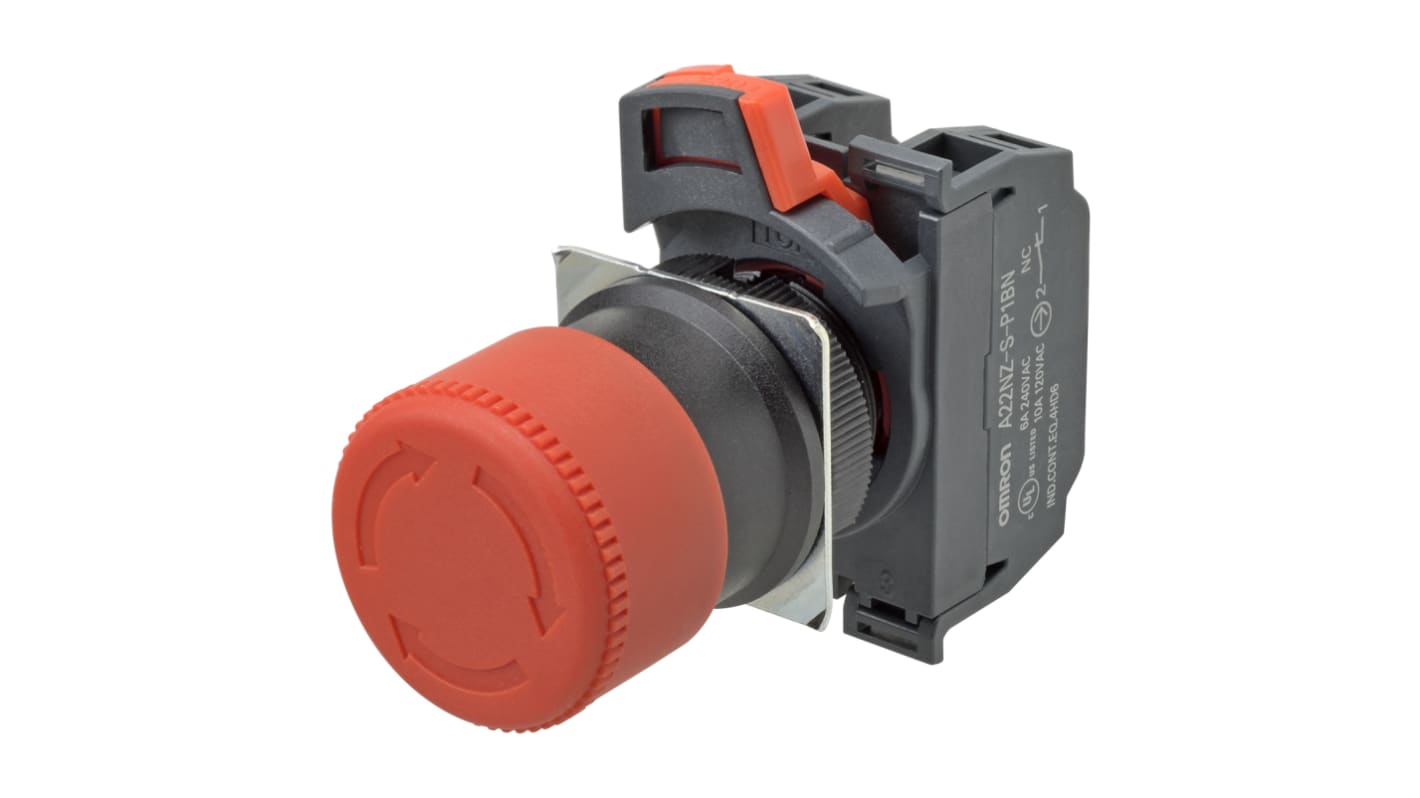Omron A22NE-P Series Twist Release Emergency Stop Push Button, Panel Mount, 22mm Cutout, 2NC, IP65