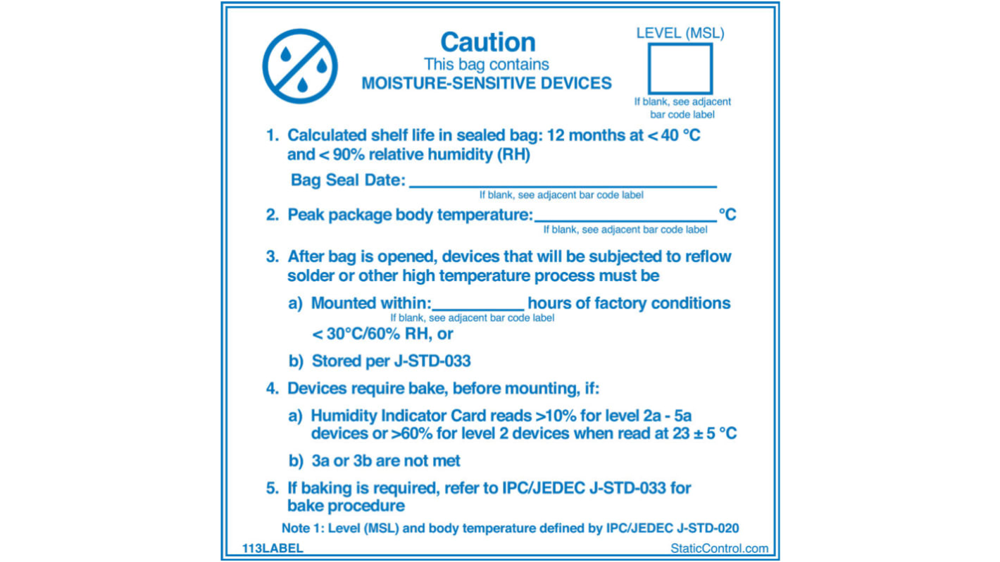 SCS Blue Paper ESD Label, Moisture Sensitive Caution Label-Text 102 mm x 102mm