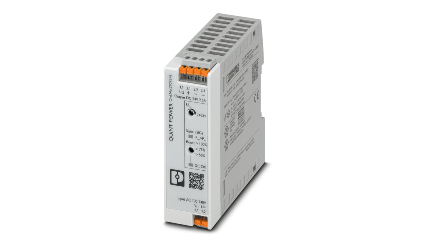 Phoenix Contact QUINT4-PS/1AC/24DC/2.5/PT Switch Mode DIN Rail Power Supply, 230V ac ac, dc Input, 24V dc dc Output,