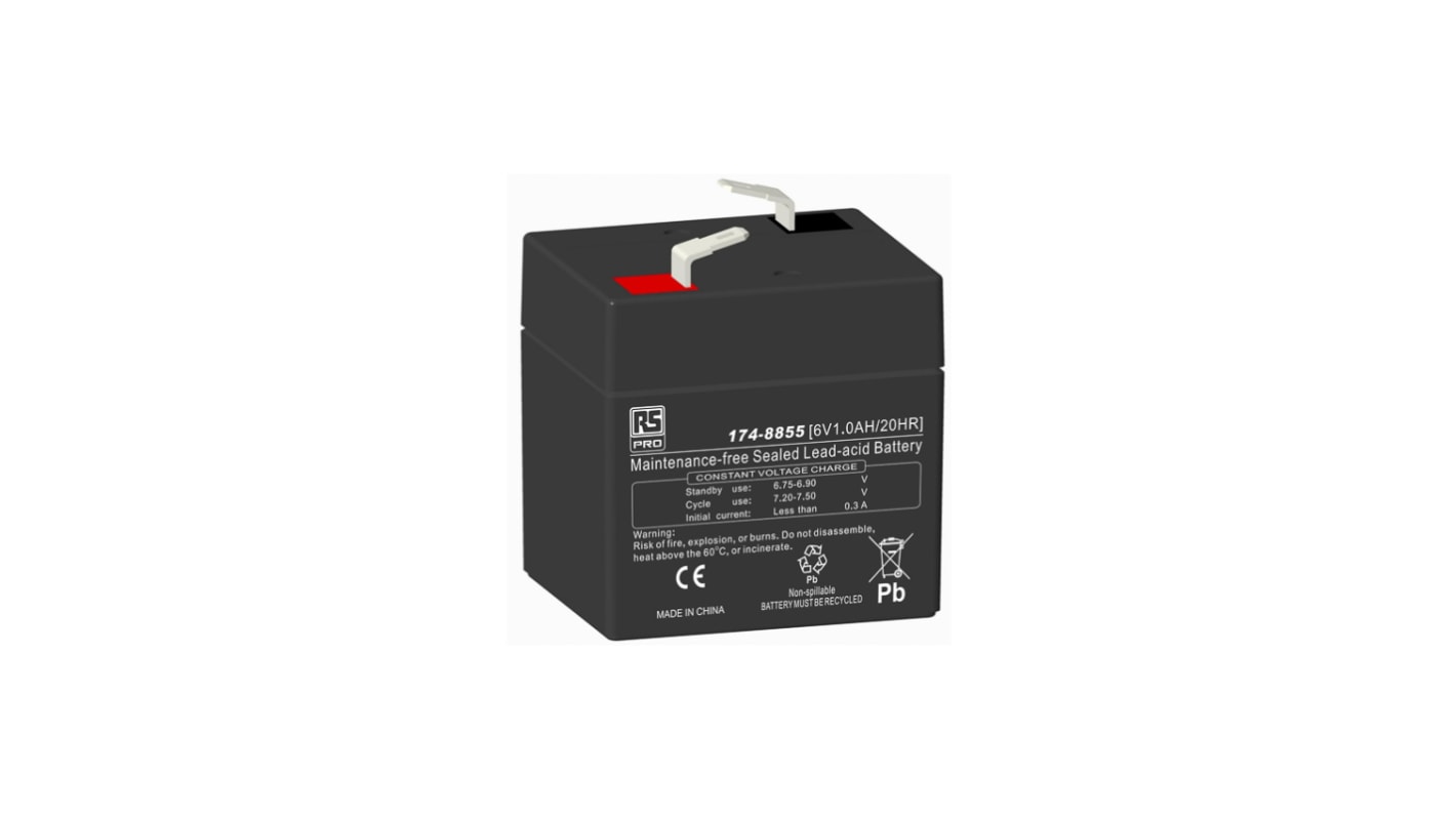 RS PRO 6V T1 Sealed Lead Acid Battery, 1Ah