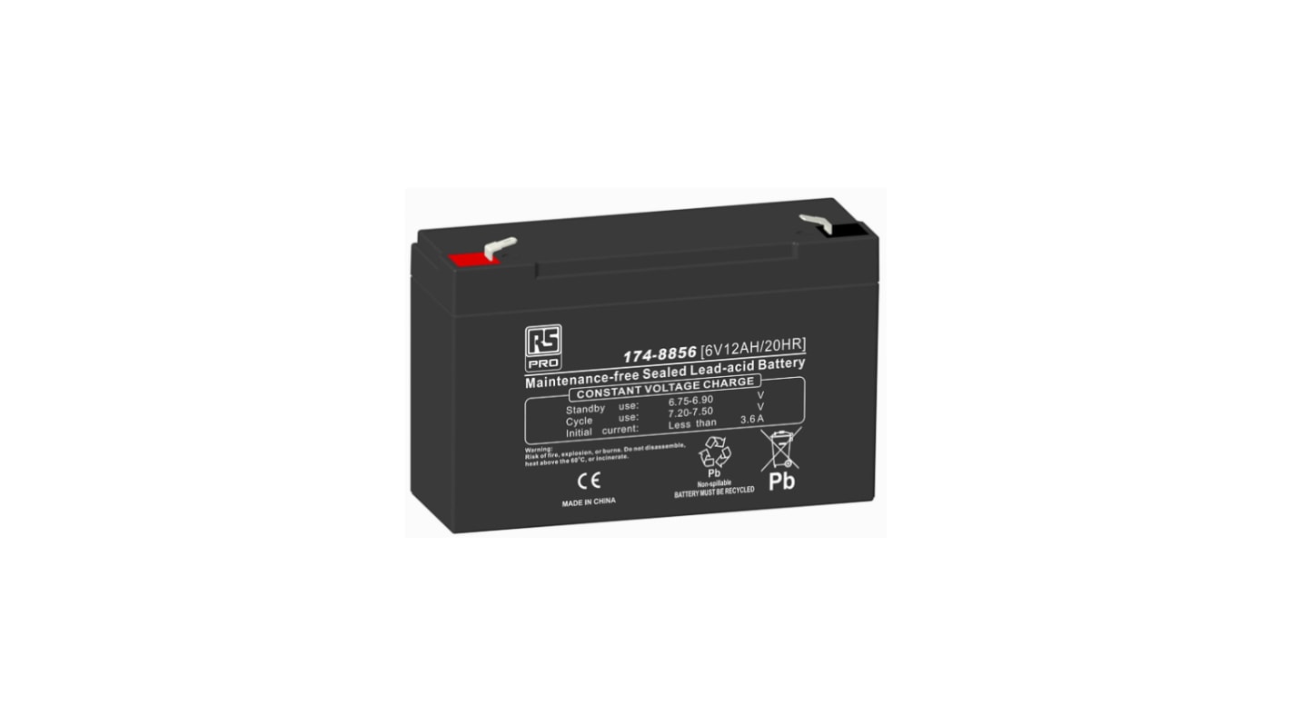 RS PRO 6V T1 Sealed Lead Acid Battery, 12Ah