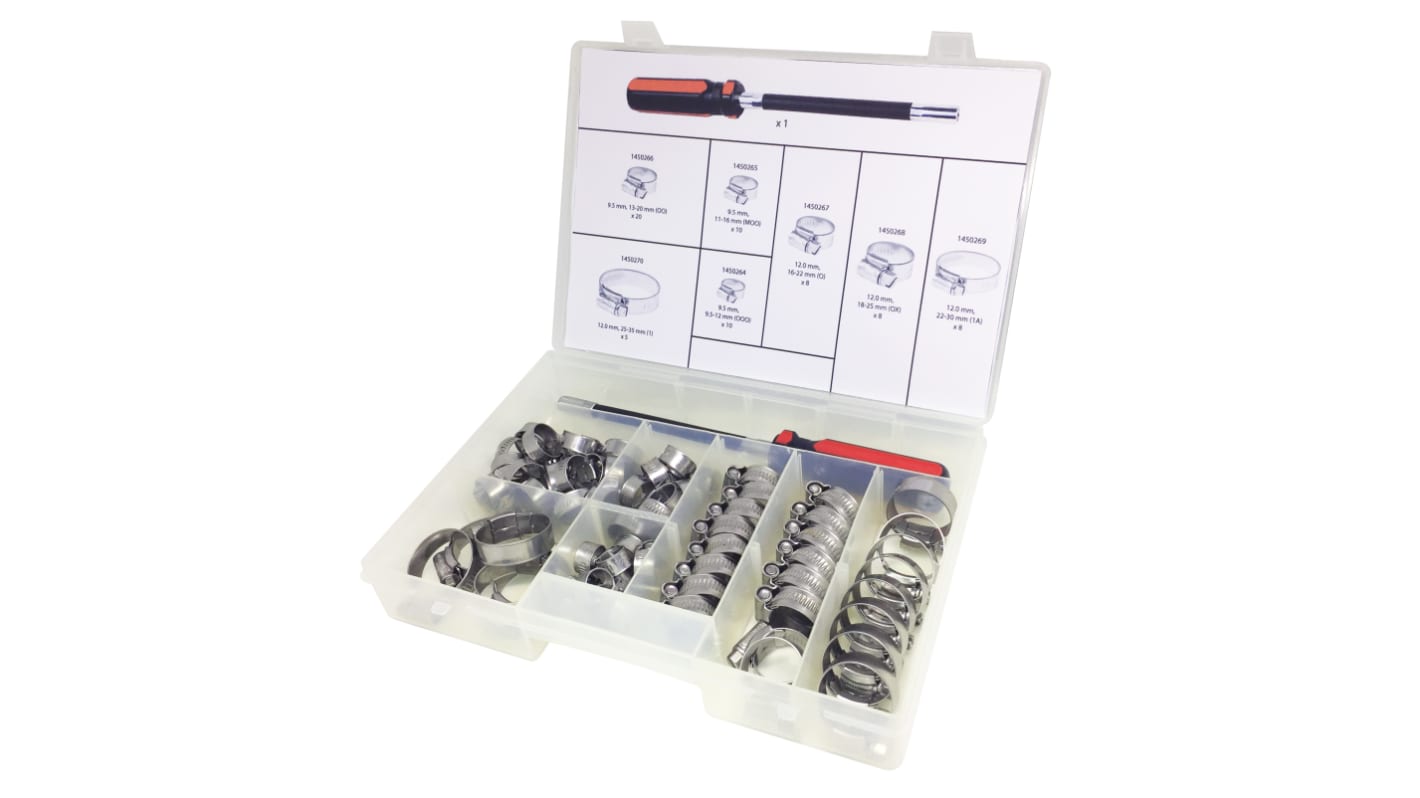 RS PRO 70 Piece Stainless Steel 304 Worm Drive Hose Clip Kit, 9.5 → 12mm and 25 → 35mm Inside Diameter