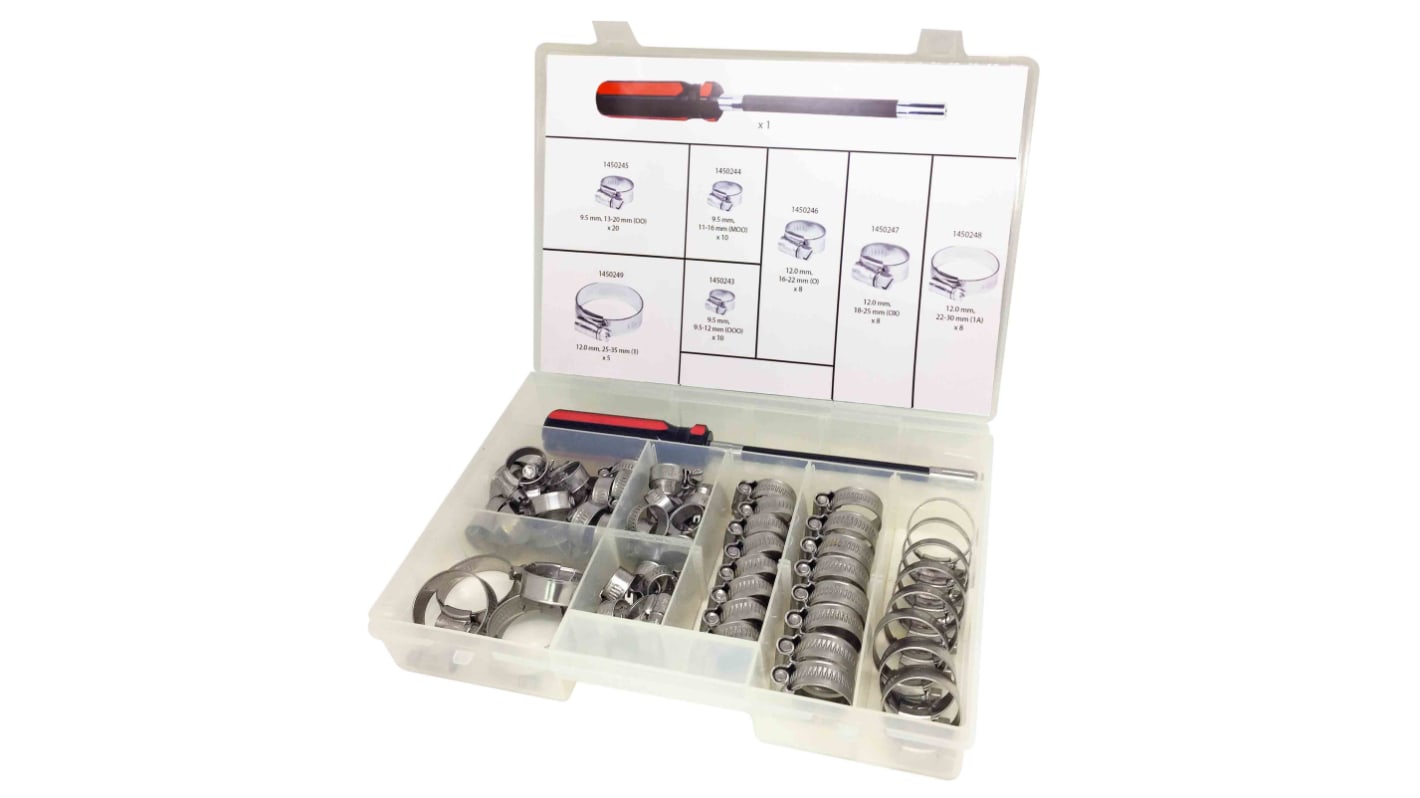 RS PRO 70 Piece Mild Steel Worm Drive Hose Clip Kit, 9.5 → 12mm and 25 → 35mm Inside Diameter