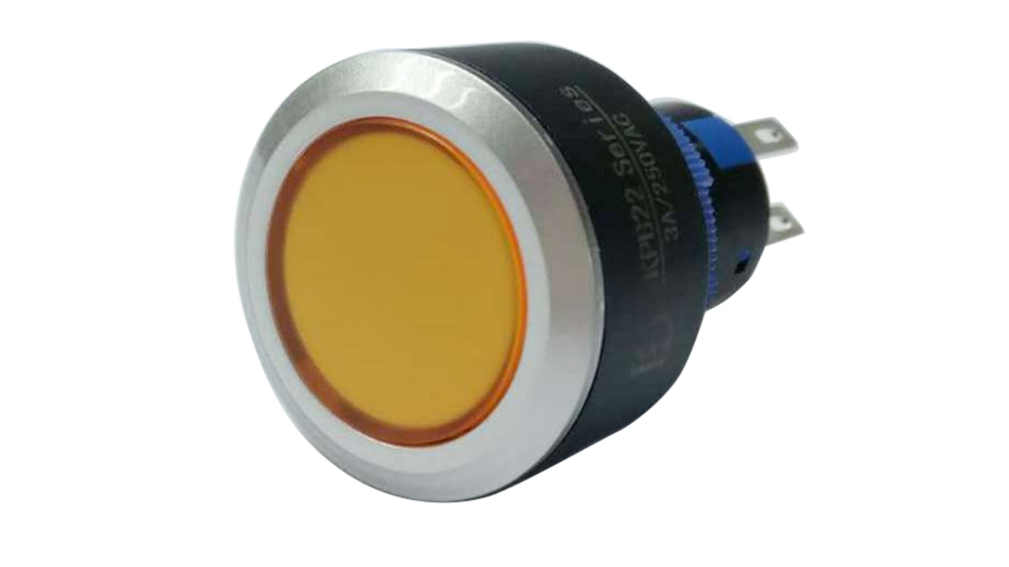 RS PRO Illuminated Push Button Switch, Panel Mount, 22.2mm Cutout, DPDT, Yellow LED, 250V ac, IP65