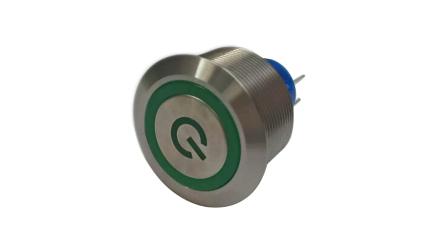 RS PRO Illuminated Push Button Switch, Momentary, Panel Mount, 25.2mm Cutout, SPDT, Green LED, 250V ac, IP67