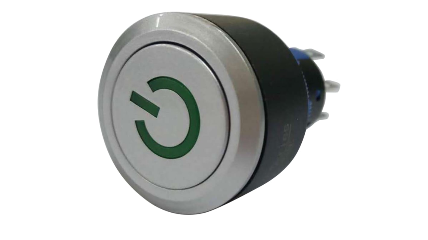 RS PRO Illuminated Push Button Switch, Momentary, Panel Mount, 22.2mm Cutout, DPDT, Green LED, 250V ac, IP65