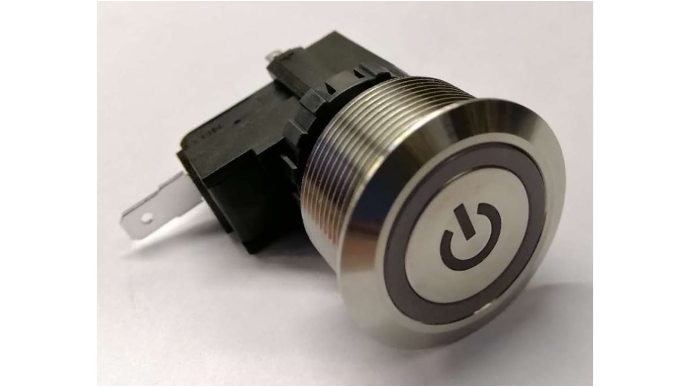 RS PRO Illuminated Push Button Switch, Momentary, Panel Mount, 25.2mm Cutout, SPST, White LED, 250 / 125V ac, IP67