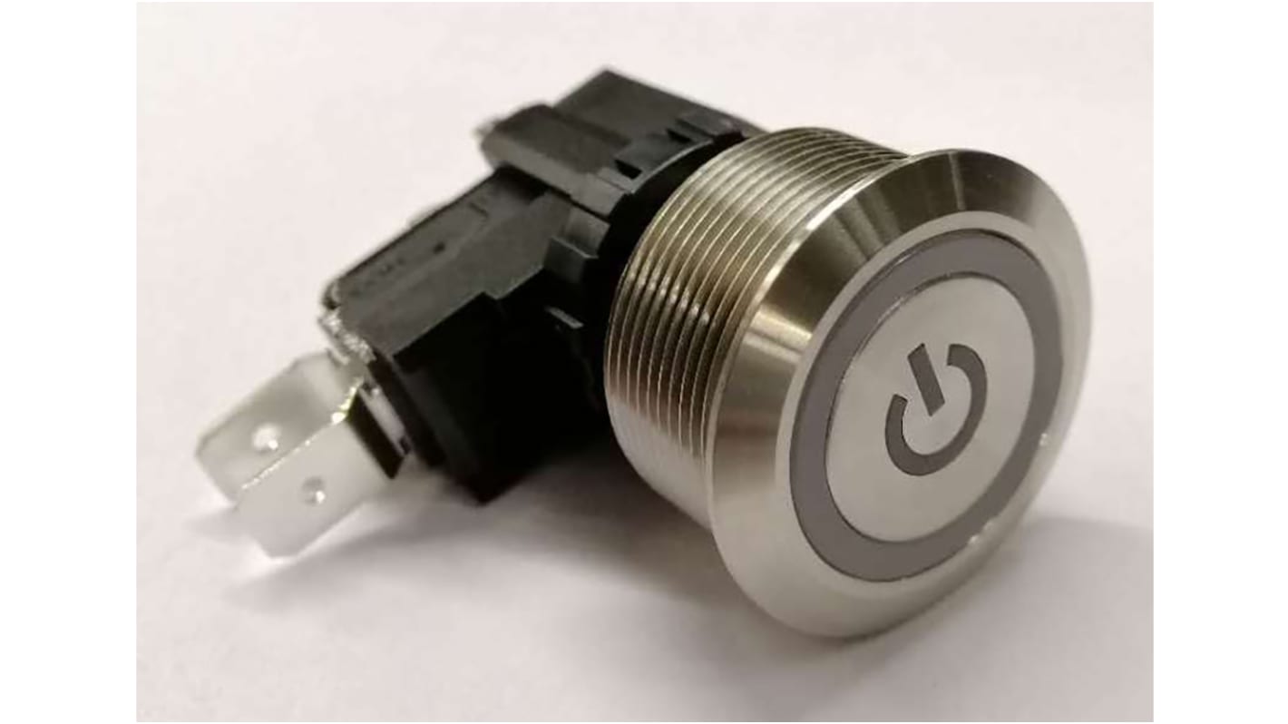 RS PRO Illuminated Push Button Switch, Momentary, Panel Mount, 25.2mm Cutout, SPDT, White LED, 250 / 125V ac, IP67