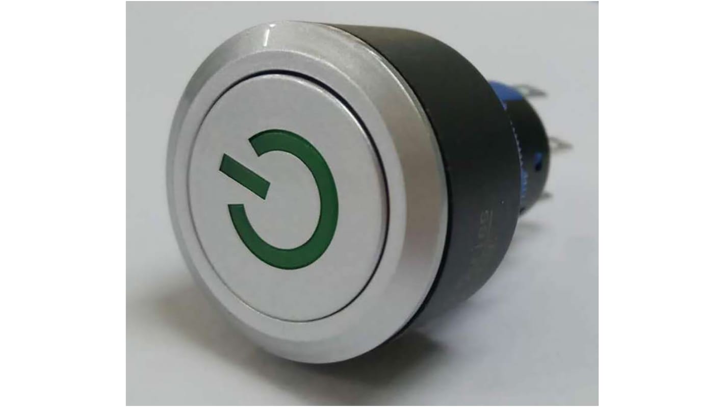 RS PRO Illuminated Push Button Switch, Momentary, Panel Mount, 22.2mm Cutout, DPDT, Green LED, 250V ac, IP65