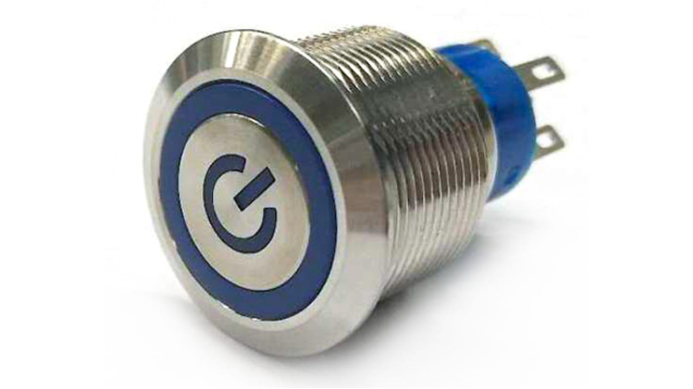 RS PRO Illuminated Push Button Switch, Momentary, Panel Mount, 22.2mm Cutout, SPDT, Blue LED, 250V ac, IP67