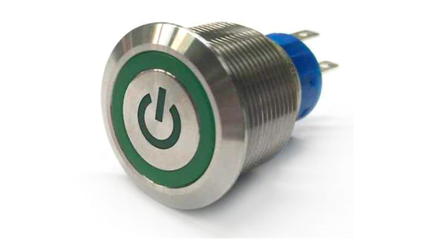 RS PRO Illuminated Push Button Switch, Momentary, Panel Mount, 22.2mm Cutout, SPDT, Green LED, 250V ac, IP67
