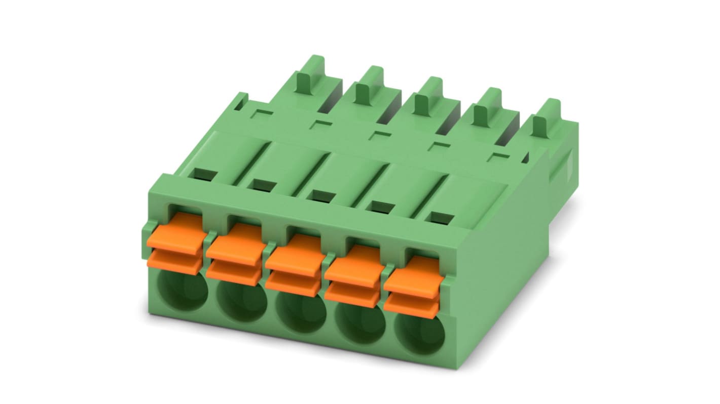 Phoenix Contact, 3.5mm Pitch, FMC 1.5/ 5-ST-3.5, 5 Way, , Pluggable Terminal Block, Plug, Cable Mount, Spring Cage