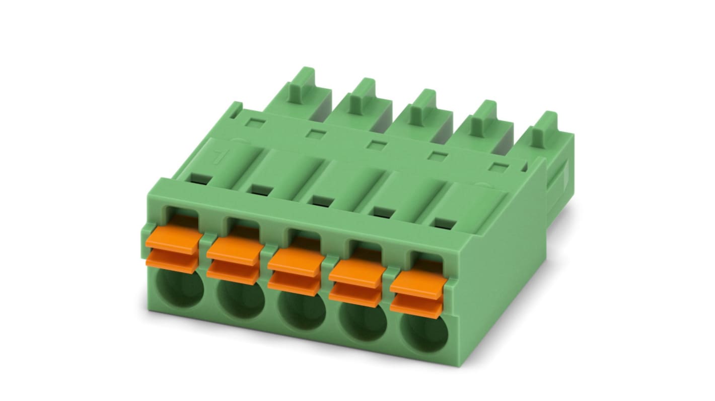 Phoenix Contact, 3.81mm Pitch, FMC 1.5/ 5-ST-3.81, 5 Way, , Pluggable Terminal Block, Plug, Cable Mount, Spring Cage
