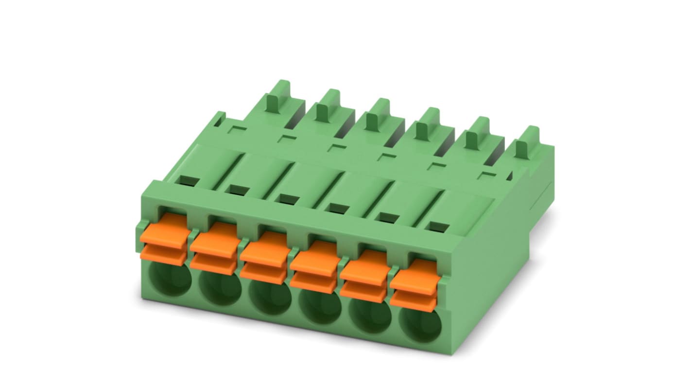 Phoenix Contact, 3.5mm Pitch, FMC 1.5/ 6-ST-3.5, 6 Way, , Pluggable Terminal Block, Plug, Cable Mount, Spring Cage