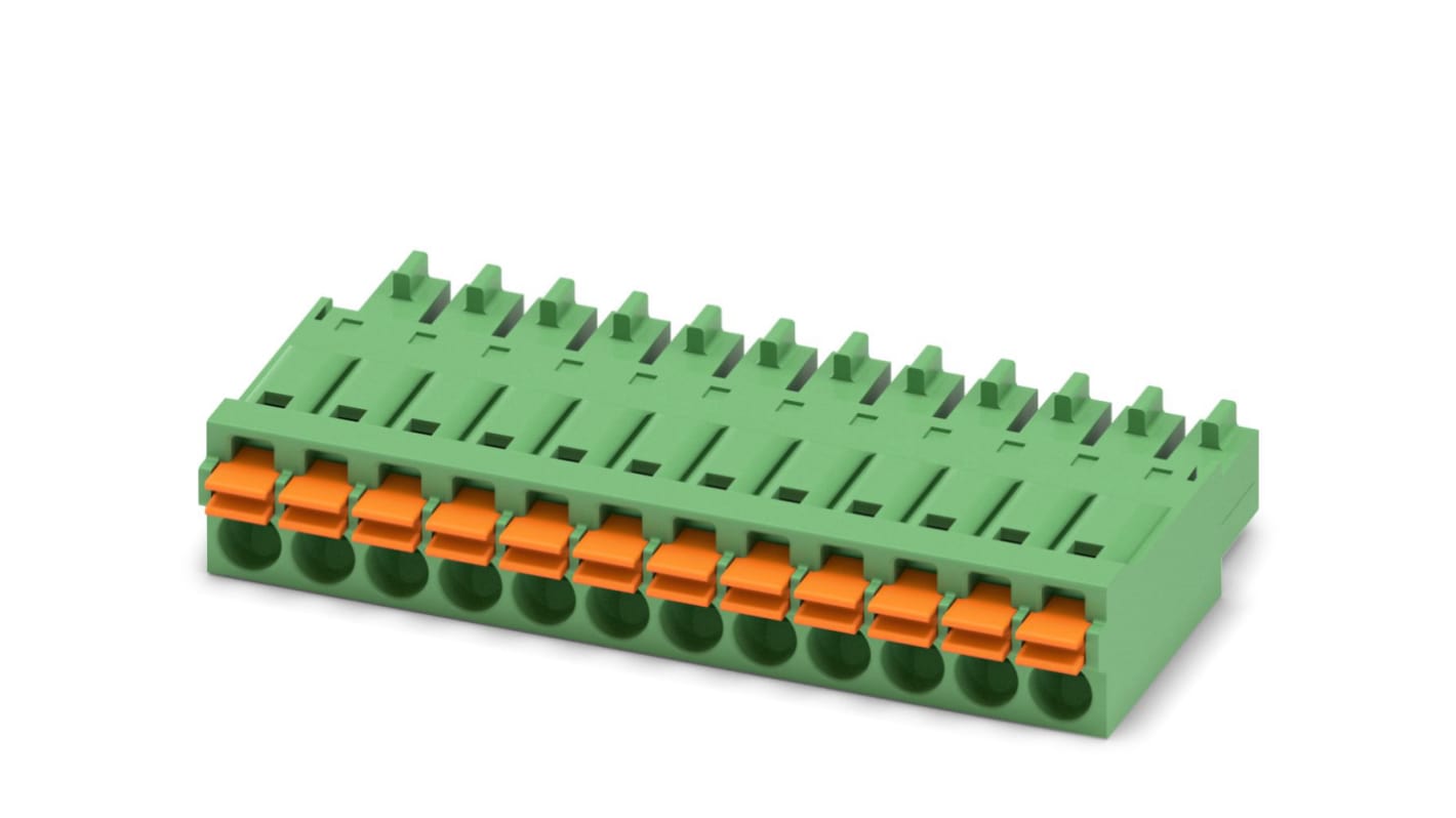 Phoenix Contact, 3.5mm Pitch, FMC 1.5/12-ST-3.5, 12 Way, , Pluggable Terminal Block, Plug, Panel Mount, Spring Cage