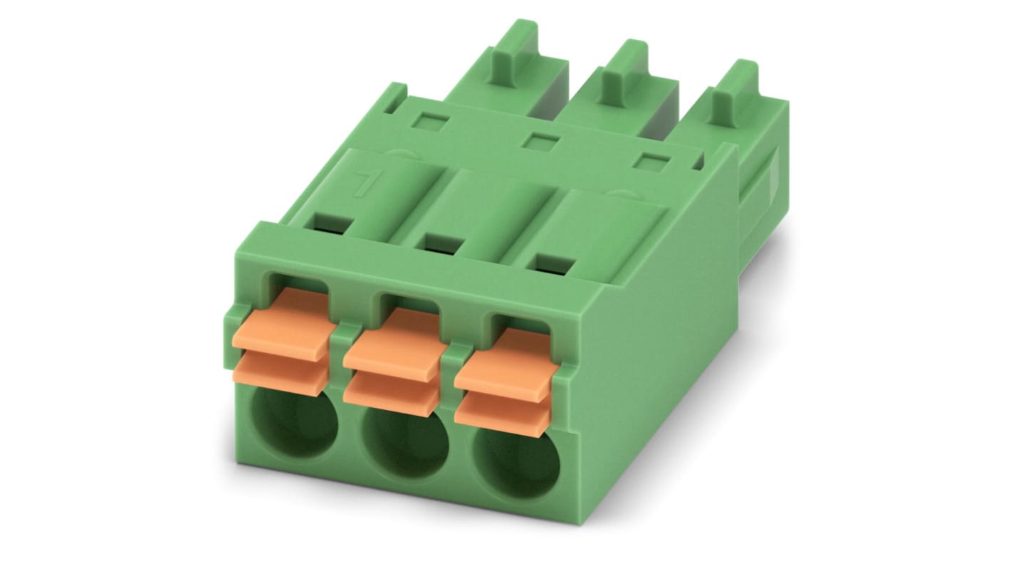 Phoenix Contact, 3.81mm Pitch, FMC 1.5/ 3-ST-3.81, 3 Way, , Pluggable Terminal Block, Plug, Cable Mount, Spring Cage