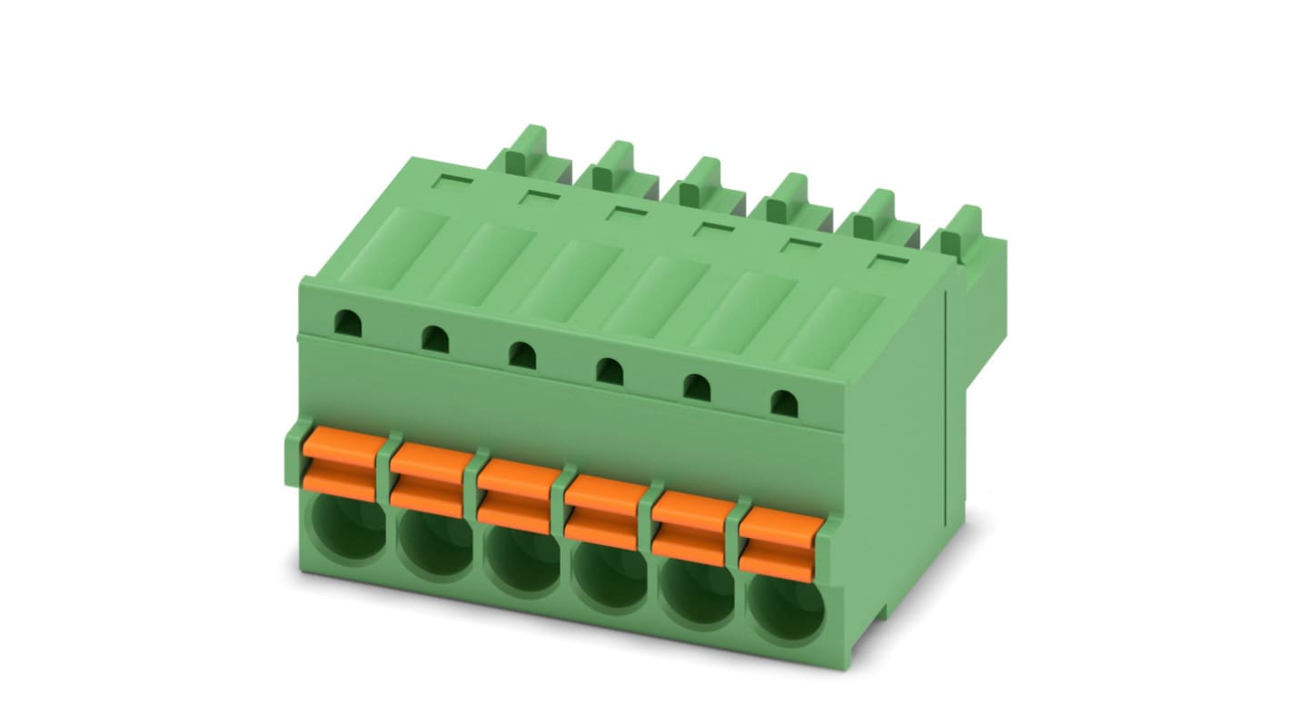 Phoenix Contact, 3.5mm Pitch, FK-MCP 1.5/ 6-ST-3.5, 6 Way, , Pluggable Terminal Block, Plug, Cable Mount, Spring Cage
