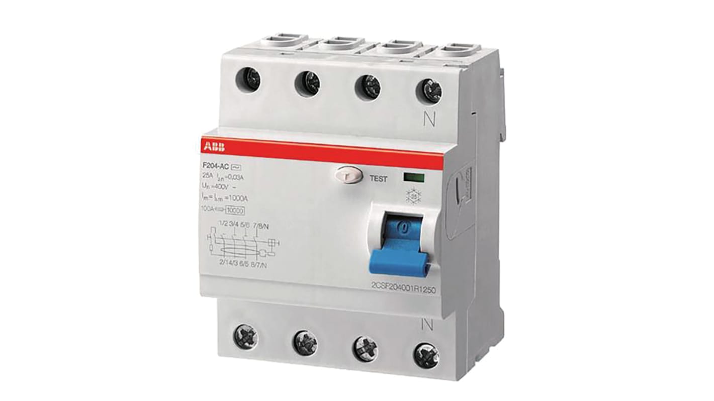 ABB F200 RCCB, 63A, 4 Pole, 30mA, 400V ac