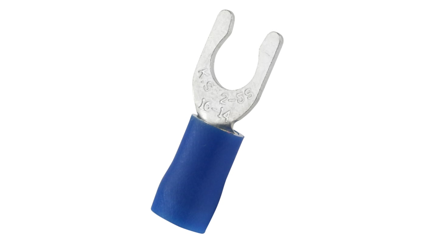 RS PRO Insulated Crimp Spade Connector, 1.5mm² to 2.5mm², 16AWG to 14AWG, 5.3mm Stud Size Vinyl, Blue