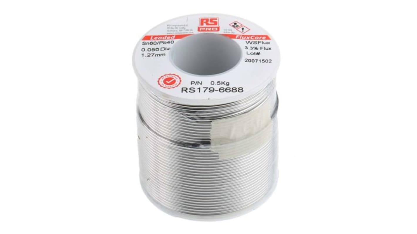 RS PRO 焊锡丝, 锡铅焊料, 1.27mm直径, 40%铅, 183°C熔点, 水可溶解助焊剂, WS700