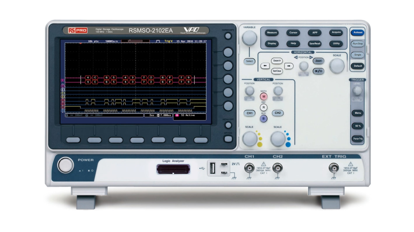 RS PRO RSMSO-2102EA Digital Bench Oscilloscope, 2 Analogue Channels, 100MHz, 16 Digital Channels