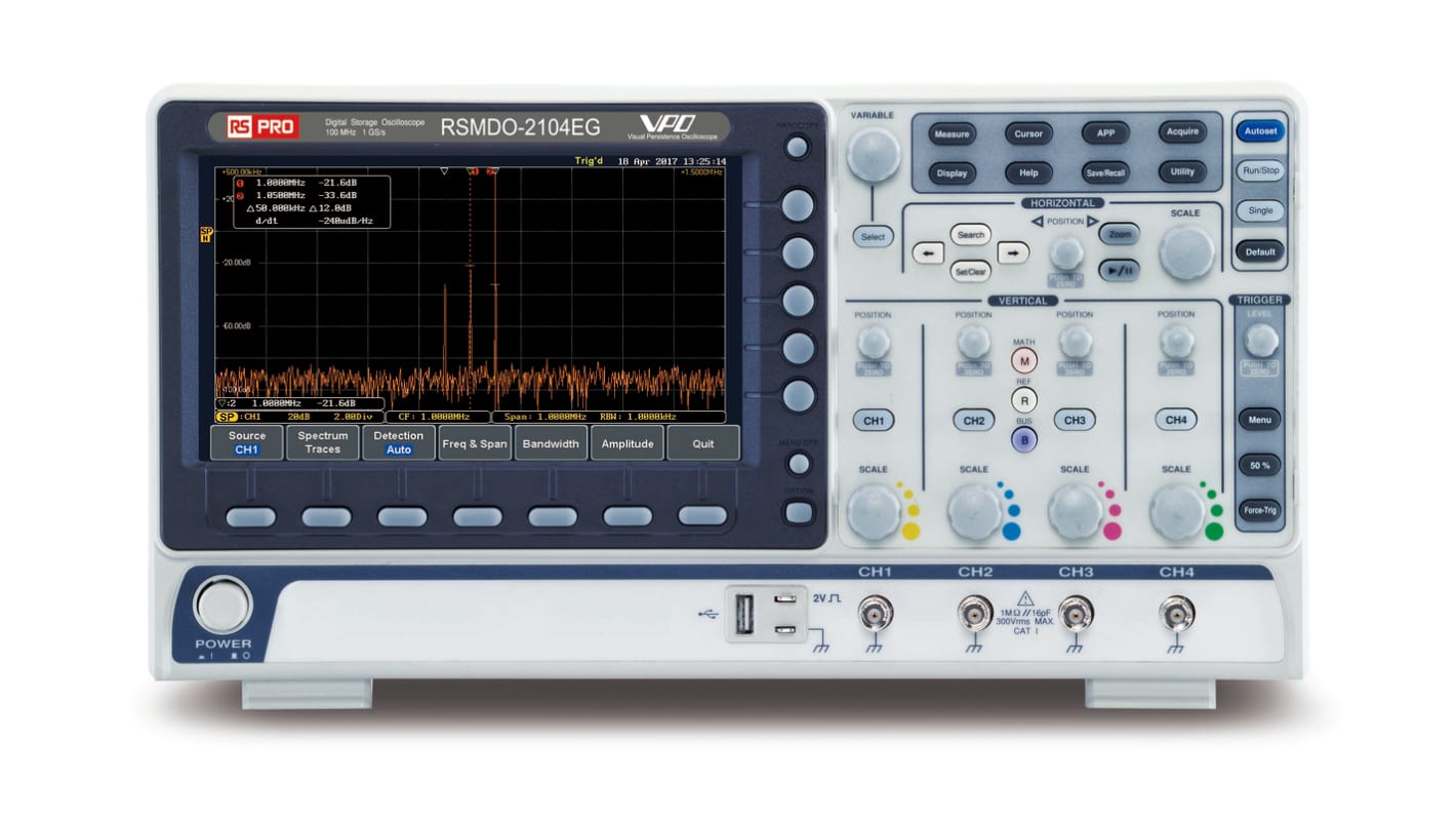 RS PRO 数字示波器, 混合域示波器, 台式, 100MHz带宽, 4模拟通道 RSMDO-2104 ，例如