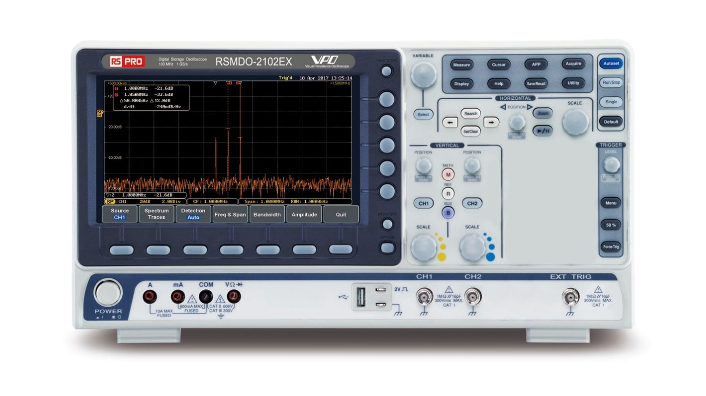Oscilloscopio Da banco RS PRO RSMDO-2102EX, 2 ch. analogici, 100MHz, Cert. ISO