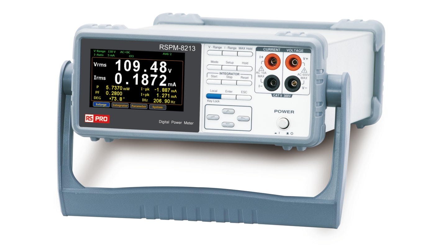 RS PRO Power Meter, > 6kW max, 20 A ac, 200mA ac max, 20 A dc, 200mA dc max, 300V dc max