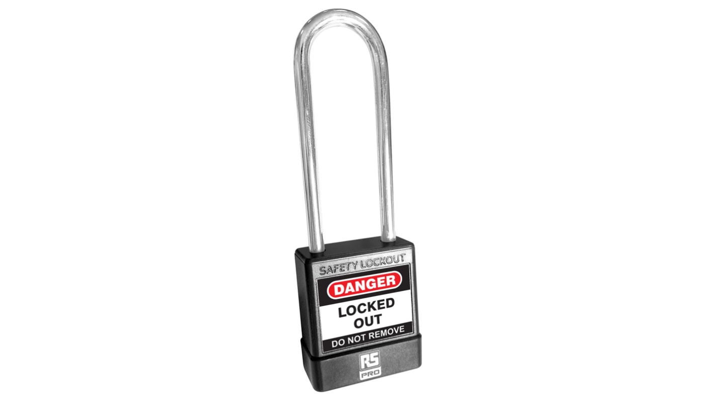 RS PRO Black ABS, Steel Safety Lockout Padlocks, 5mm Shackle, 73mm Attachment