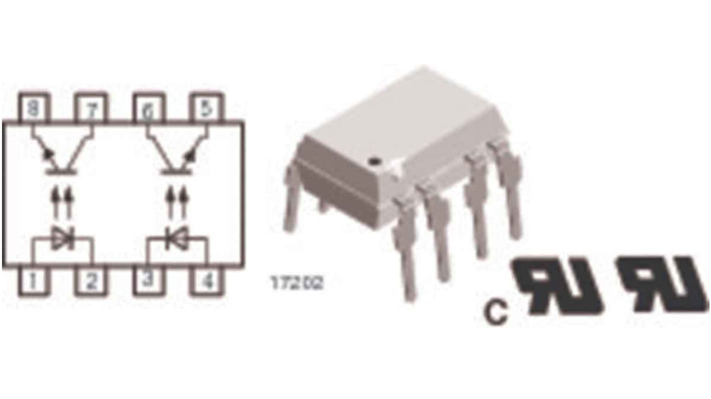 Optoacoplador Vishay MCT de 2 canales, Vf= 1.6V, Viso= 5.3 kVrms, OUT. Fototransistor, mont. pasante, encapsulado DIP,