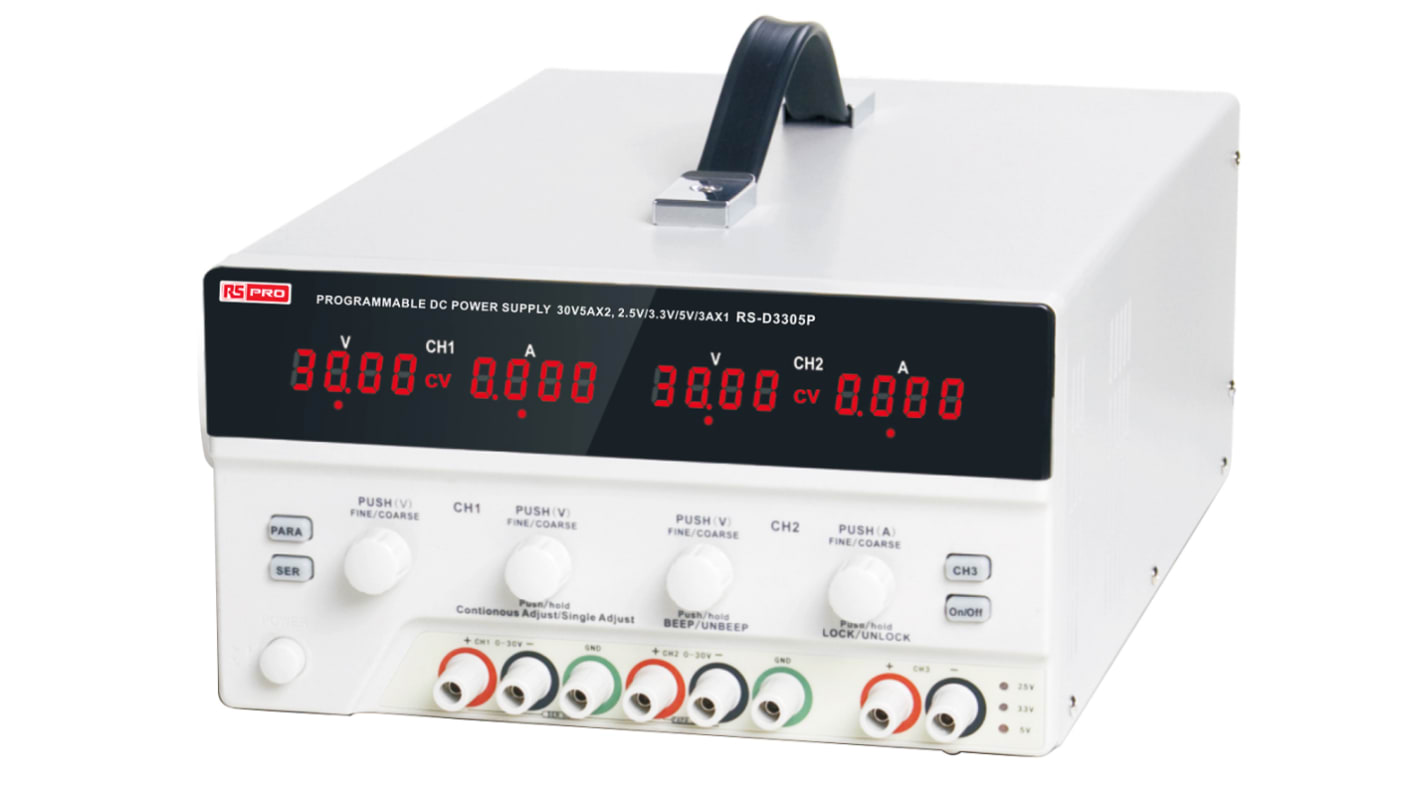 Alimentatore da banco RS PRO, 3 uscite, 0 → 30V, 0 → 5 (Adjustable) A, 3(Fixed) A , Cert. ISO