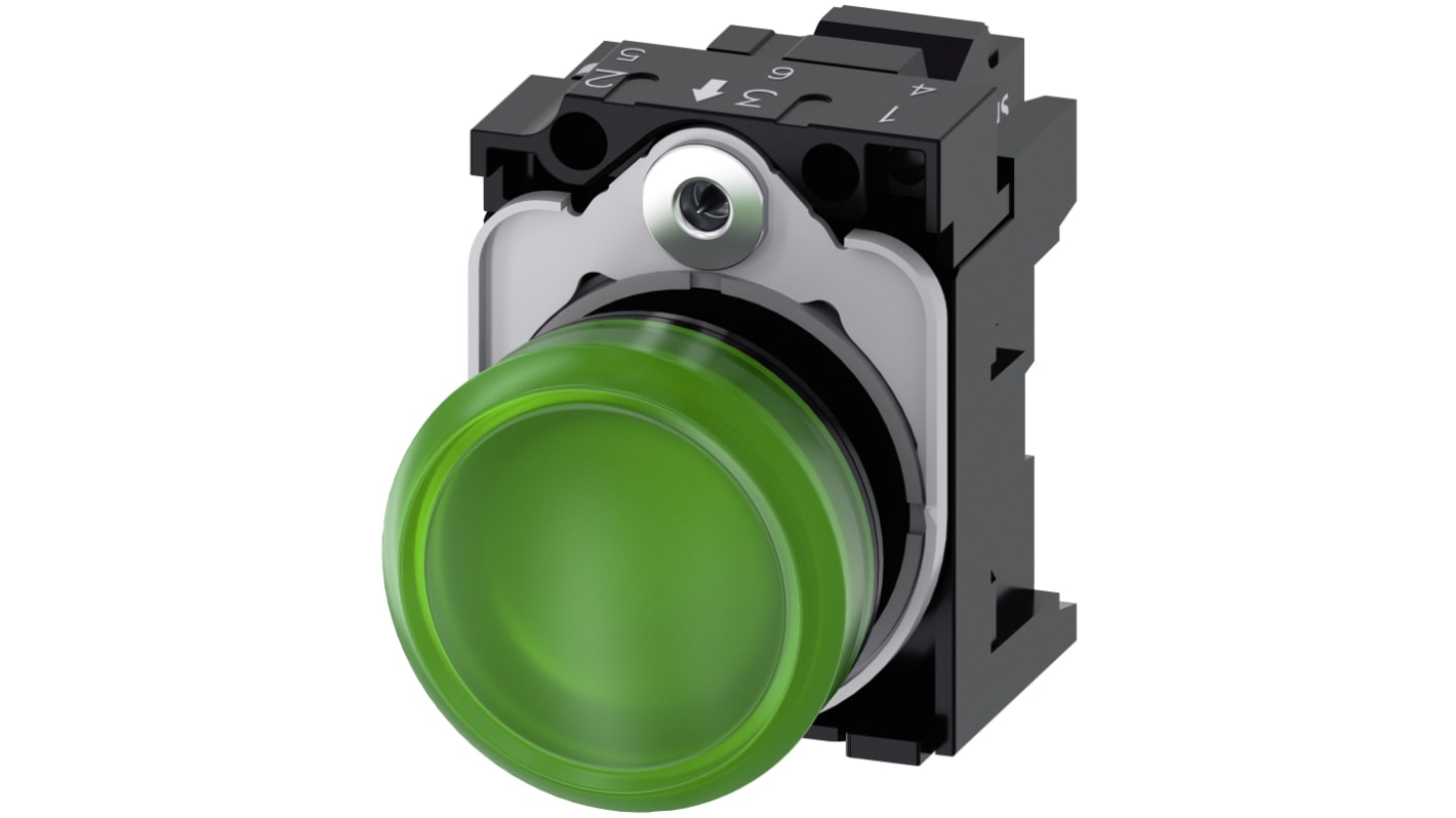 Siemens, SIRIUS ACT 3SU11, Panel Mount Green LED Indicator, 22mm Cutout, Round, 230V ac