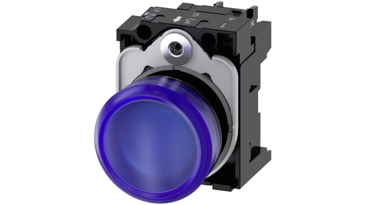 Siemens, SIRIUS ACT 3SU11, Panel Mount Blue LED Indicator, 22mm Cutout, Round, 230V ac
