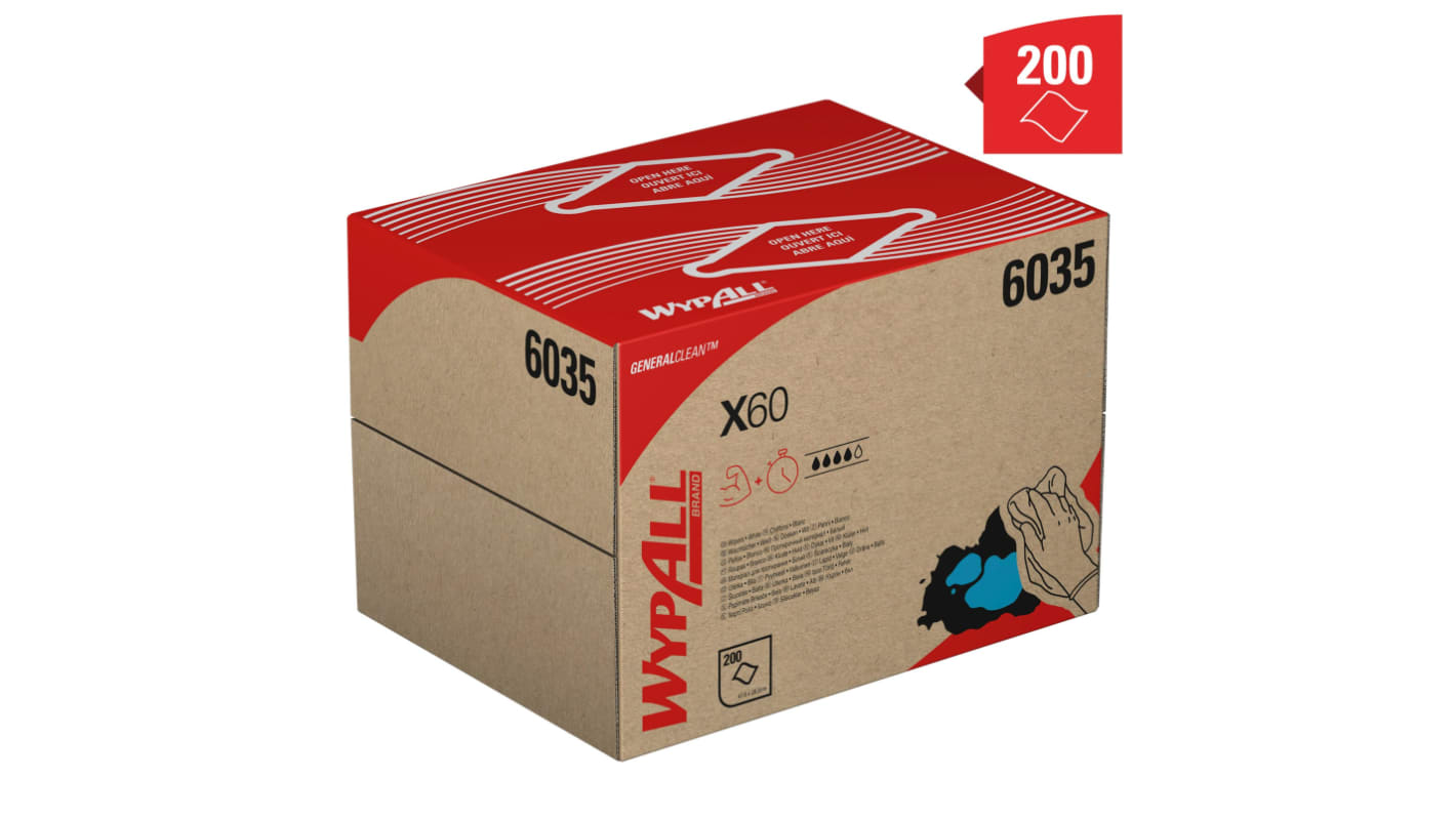 Kimberly Clark WypAll® X60 General Clean™ 6035 White Cloths for Industrial Cleaning, Dry Use, Box of 200, 418 x 283mm,